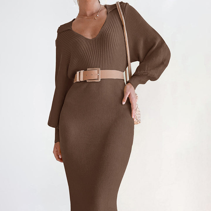 Elegant Commuter Sweater V-neck Lace-up High Waist Women's Dress
