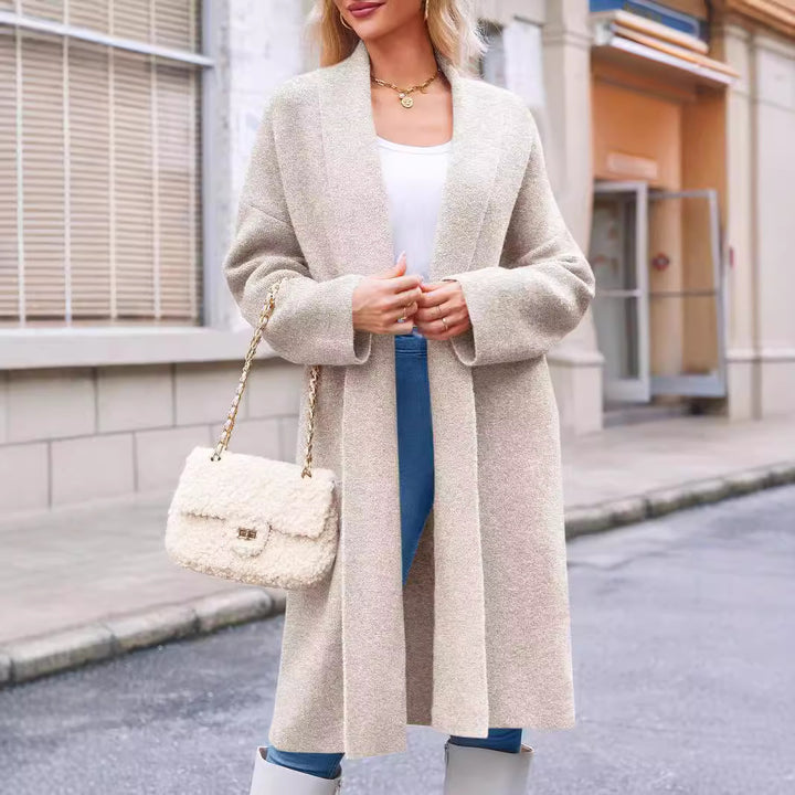 Elegant Long Collarless Cardigan Sweater Women's Coat