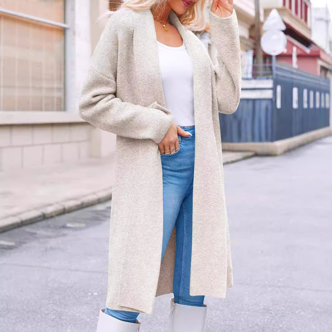 Elegant Long Collarless Cardigan Sweater Women's Coat